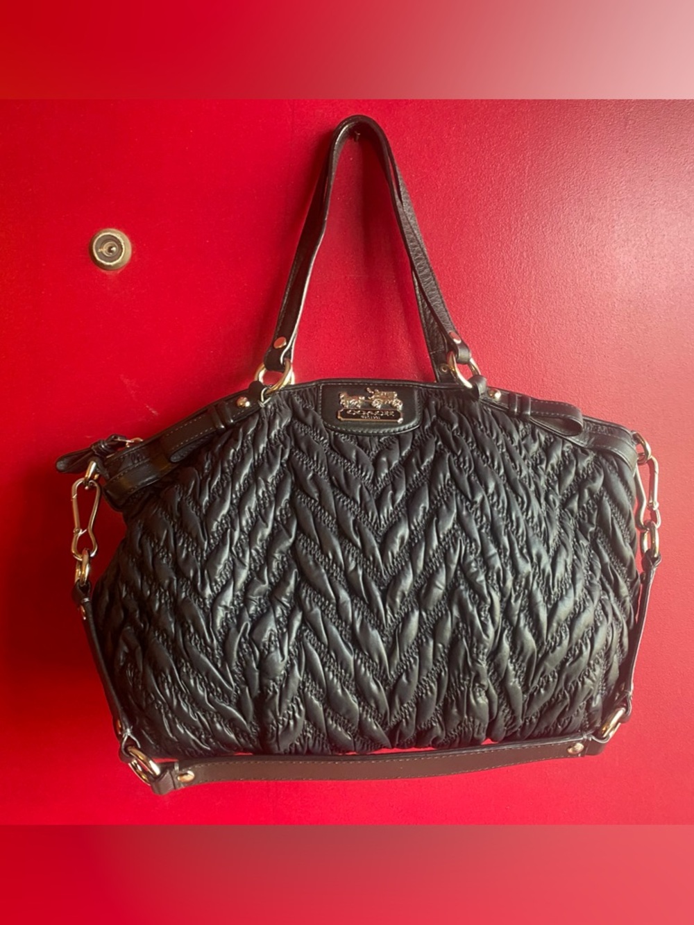 Coach Madison Chevron Nylon Sophia Satchel with Shoulder Strap Silver Hardware